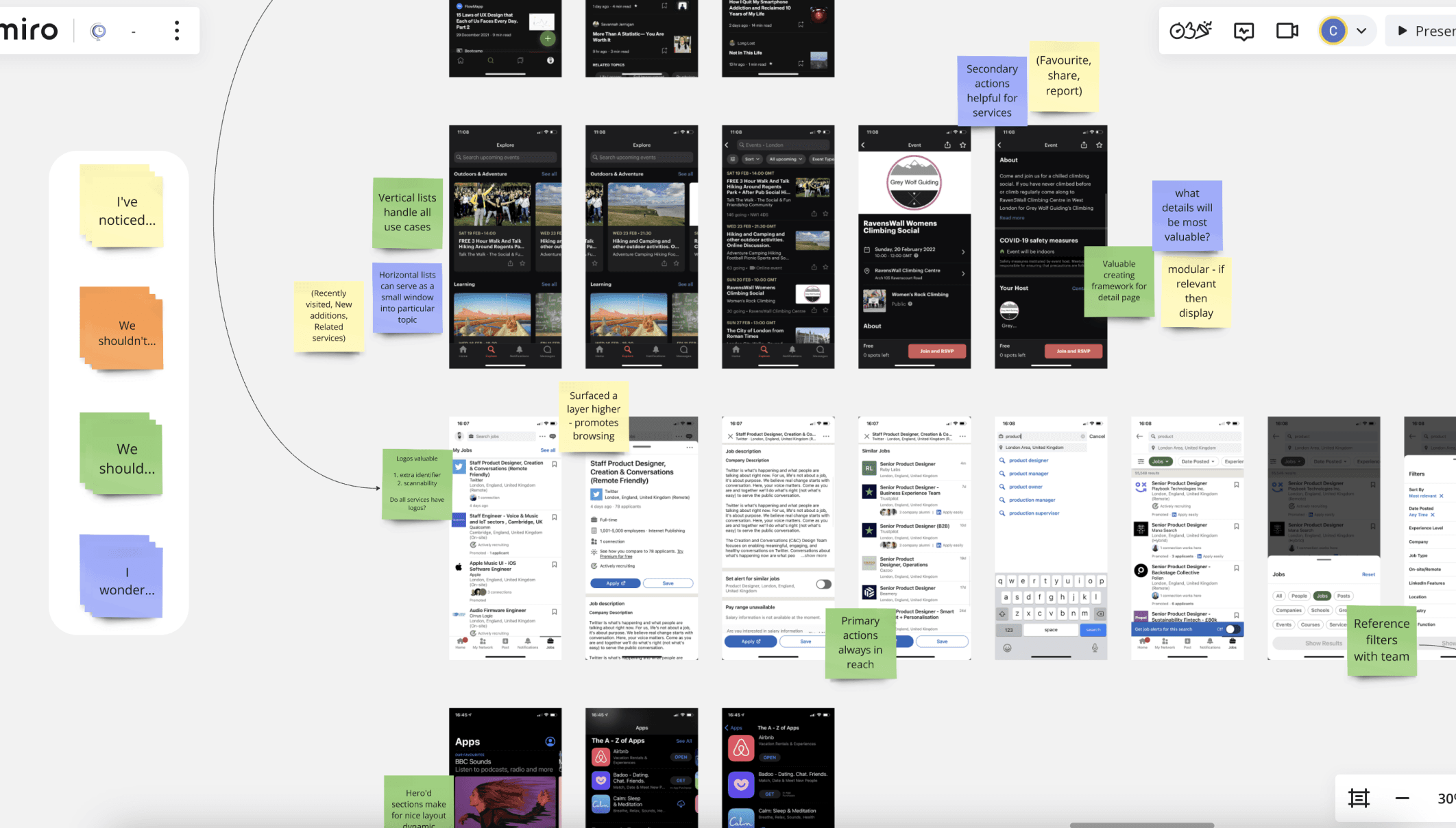 Competitive teardown board — annotated screens from catalog-style apps with notice / should / shouldn't / wonder sticky notes