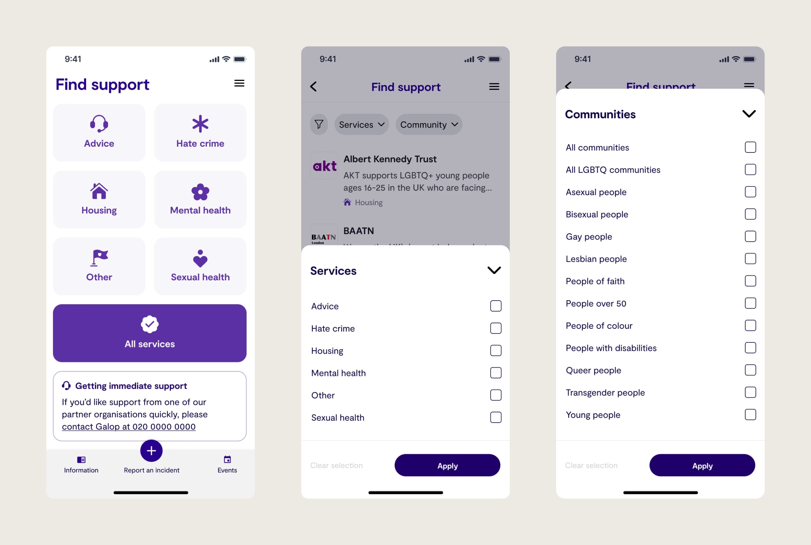 Find Support directory with category and community navigation